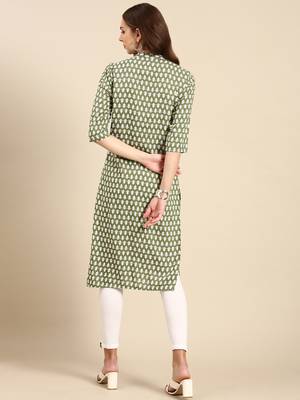 women's calf length mandarin collar green ethnic motifs straight kurta 5