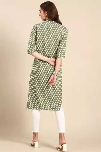 women's calf length mandarin collar green ethnic motifs straight kurta