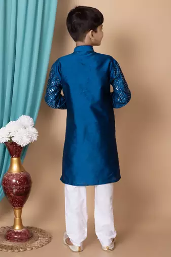 embroidery & sequins work dupion silk kurta and cotton pajama set for boys