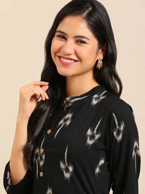 women's calf length mandarin collar black abstract straight kurta 1