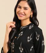 women's calf length mandarin collar black abstract straight kurta