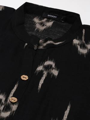 women's calf length mandarin collar black abstract straight kurta 2