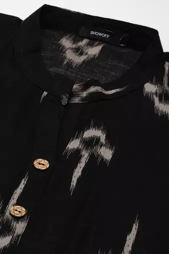 women's calf length mandarin collar black abstract straight kurta