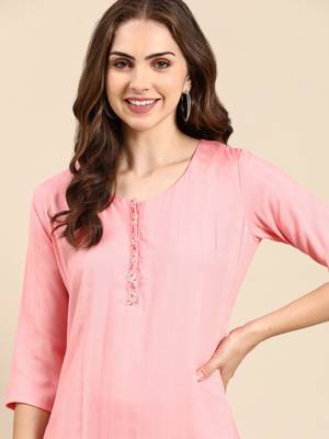 women's knee length scoop neck pink woven design straight kurta 2