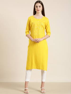 women's knee length round neck yellow solid straight kurta 2