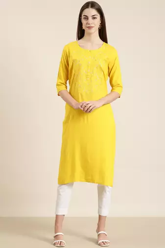 women's knee length round neck yellow solid straight kurta