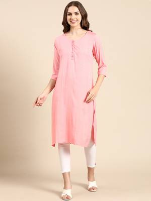 women's knee length scoop neck pink woven design straight kurta 1