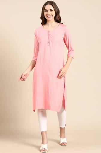 women's knee length scoop neck pink woven design straight kurta