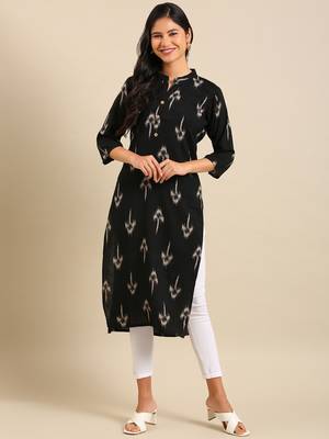 women's calf length mandarin collar black abstract straight kurta 3