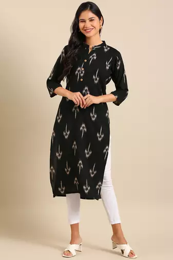 women's calf length mandarin collar black abstract straight kurta