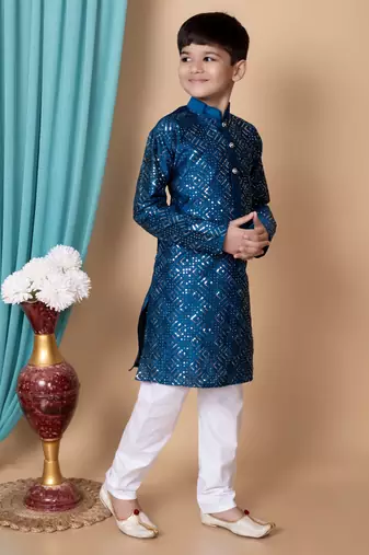 embroidery & sequins work dupion silk kurta and cotton pajama set for boys