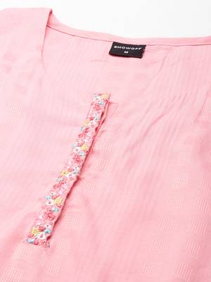 women's knee length scoop neck pink woven design straight kurta 3