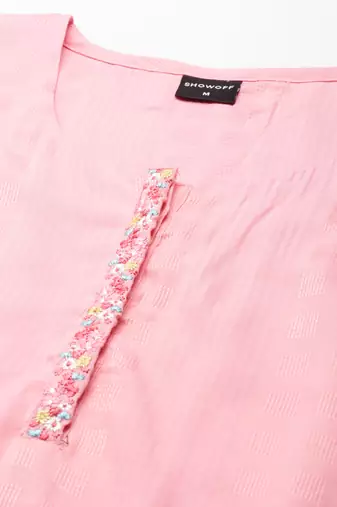 women's knee length scoop neck pink woven design straight kurta