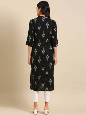 women's calf length mandarin collar black abstract straight kurta 4
