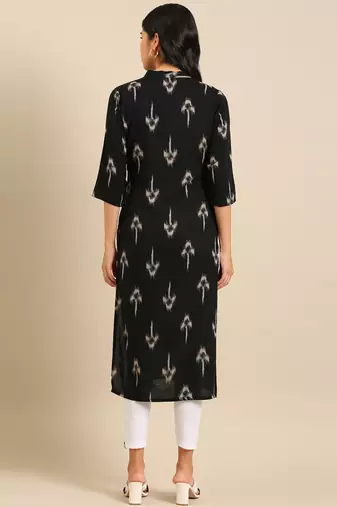 women's calf length mandarin collar black abstract straight kurta