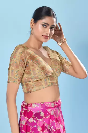 Padded Brocade V Neck Blouse