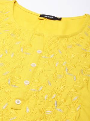 women's knee length round neck yellow solid straight kurta 3