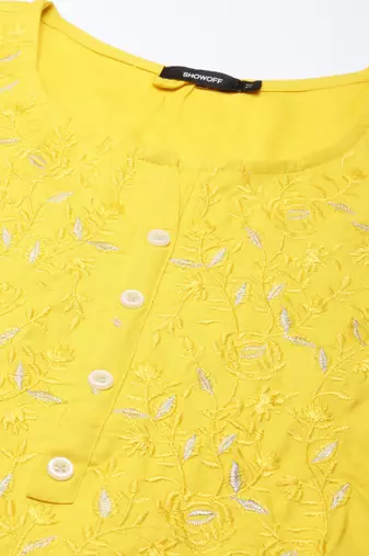 women's knee length round neck yellow solid straight kurta