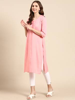 women's knee length scoop neck pink woven design straight kurta 4