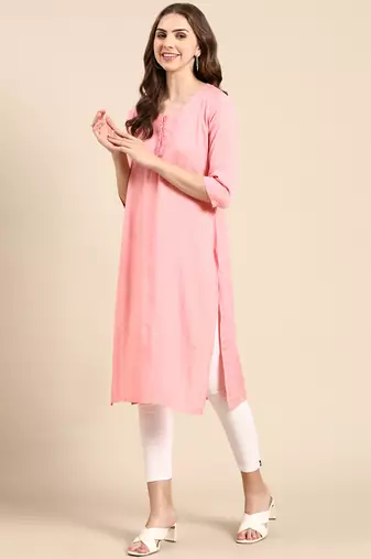 women's knee length scoop neck pink woven design straight kurta