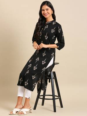 women's calf length mandarin collar black abstract straight kurta 5