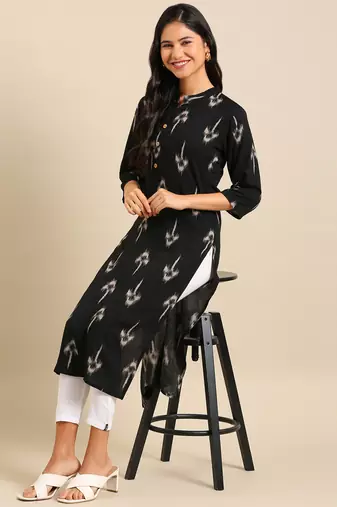 women's calf length mandarin collar black abstract straight kurta
