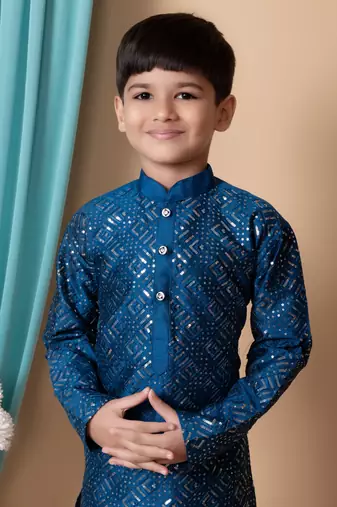 embroidery & sequins work dupion silk kurta and cotton pajama set for boys