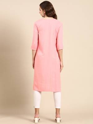 women's knee length scoop neck pink woven design straight kurta 5