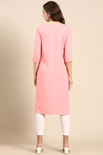 women's knee length scoop neck pink woven design straight kurta