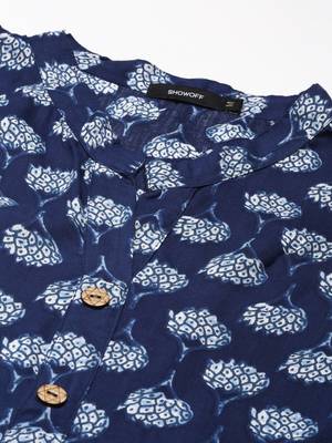Showoff women's calf length mandarin collar navy blue geometric straight kurta 2