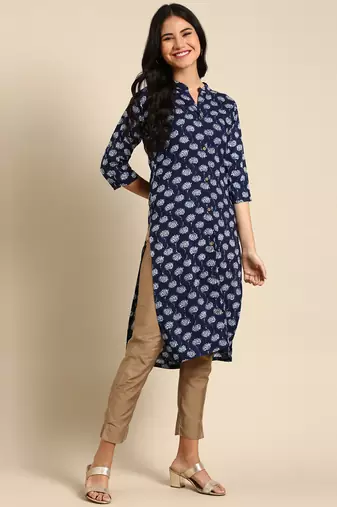 Showoff women's calf length mandarin collar navy blue geometric straight kurta