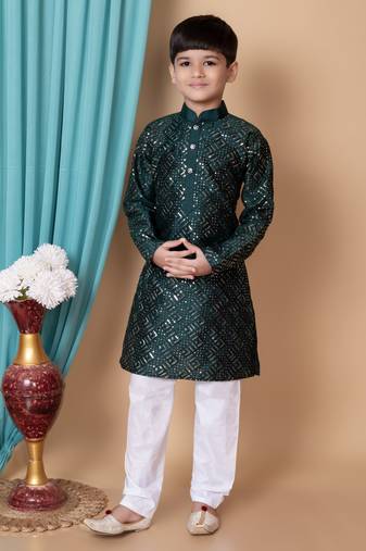 Nfc creation embroidery & sequins work dupion silk kurta and cotton pajama set for boys