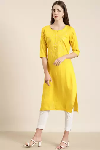 women's knee length round neck yellow solid straight kurta