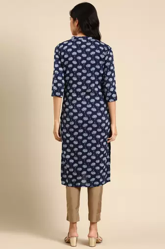 Showoff women's calf length mandarin collar navy blue geometric straight kurta