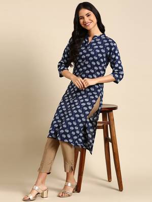 Showoff women's calf length mandarin collar navy blue geometric straight kurta 5