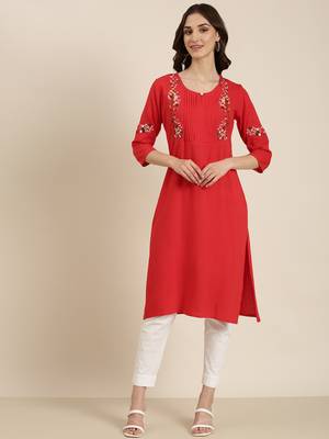 women's calf length round neck red solid straight kurta 3