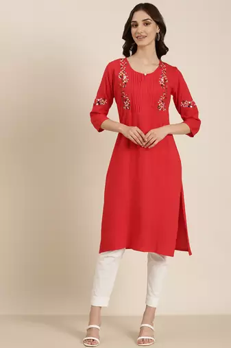 women's calf length round neck red solid straight kurta