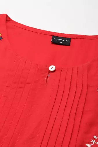 women's calf length round neck red solid straight kurta