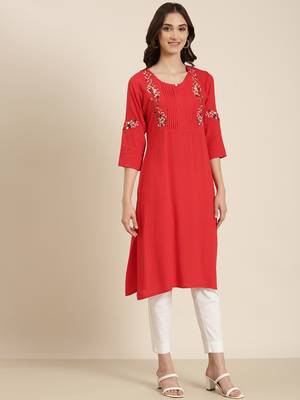 women's calf length round neck red solid straight kurta 1