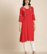 women's calf length round neck red solid straight kurta