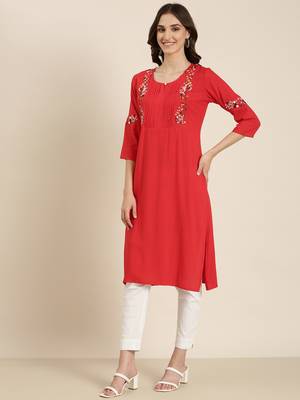 women's calf length round neck red solid straight kurta 5