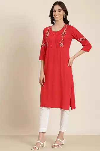 women's calf length round neck red solid straight kurta