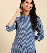 Showoff women's calf length mandarin collar blue geometric straight kurta