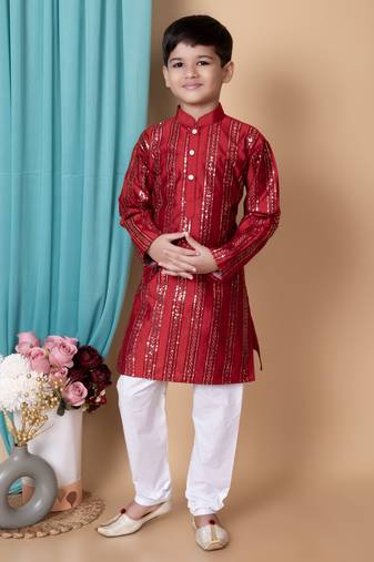Nfc creation embroidery & sequins work dupion silk kurta and cotton pajama set for boys