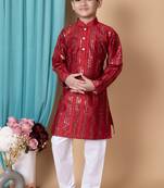 Nfc creation embroidery & sequins work dupion silk kurta and cotton pajama set for boys