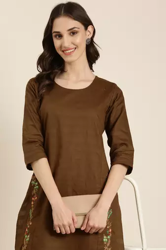 women's calf length round neck coffee brown solid straight kurta