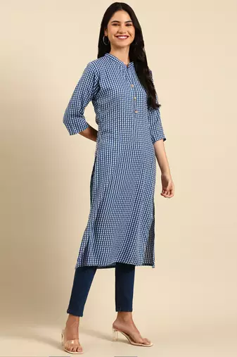 Showoff women's calf length mandarin collar blue geometric straight kurta