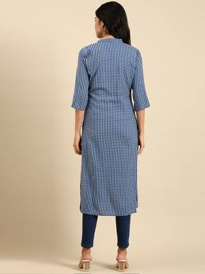 Showoff women's calf length mandarin collar blue geometric straight kurta 4