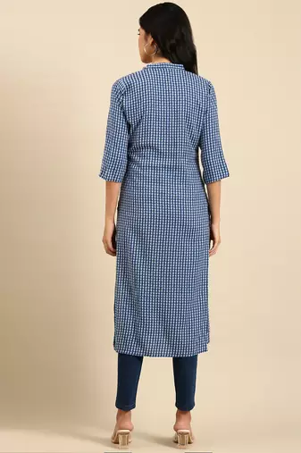 Showoff women's calf length mandarin collar blue geometric straight kurta