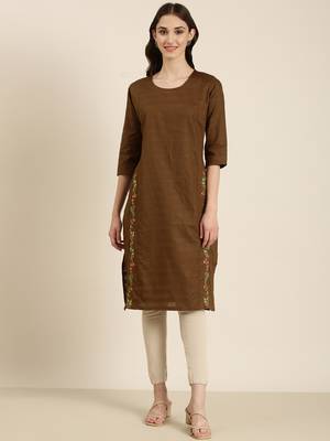 women's calf length round neck coffee brown solid straight kurta 3